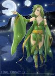  boots cape character_name copyright_name detached_sleeves elbow_gloves final_fantasy final_fantasy_iv gloves green_hair green_legwear highres kuroboshi_roki moon multiple_moons older purple_eyes rydia solo thigh_boots thighhighs wading water yellow_footwear 