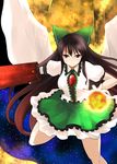  arm_cannon black_hair bow breasts cape fire hair_bow long_hair medium_breasts meneru red_eyes reiuji_utsuho solo touhou weapon wings 