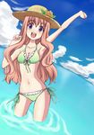  :d absurdres arm_up bikini blue_door breasts cleavage clenched_hand dutch_angle hand_up hat highres medium_breasts open_mouth original pink_hair purple_eyes side-tie_bikini smile solo straw_hat swimsuit wading wrist_extended 