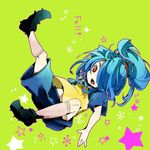  bad_id bad_pixiv_id blue_hair fallen_down gradient_hair hair_over_one_eye hisaboden inazuma_eleven inazuma_eleven_(series) kazemaru_ichirouta kneehighs male_focus multicolored_hair open_mouth ponytail raglan_sleeves red_eyes shoes shorts sneakers socks solo star 