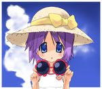  blue_eyes hat hiiragi_tsukasa lucky_star nyanmilla purple_hair school_uniform short_hair solo straw_hat sunglasses sweat 