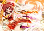  adapted_costume armpits bow breasts brown_hair cleavage cloud detached_sleeves dress fan hair_bow hair_tubes hakurei_reimu porurin red_eyes sky small_breasts smile solo torii touhou 