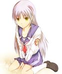  angel_beats! bad_id bad_pixiv_id bad_proportions kneeling long_hair marai_shin school_uniform serafuku solo tenshi_(angel_beats!) white_hair yellow_eyes 