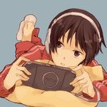  axis_powers_hetalia bad_id bad_pixiv_id brown_eyes brown_hair foreshortening handheld_game_console hands headphones japan_(hetalia) lying male_focus on_stomach playing_games playstation_portable product_placement simple_background sketch solo sonomura track_suit 