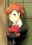  blush bow brown_hair dark_emperor digital_media_player female_protagonist_(persona_3) headphones persona persona_3 persona_3_portable red_eyes school_uniform short_hair solo 