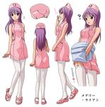  bioweapon character_request character_sheet garter_belt garters hat long_hair multiple_views nurse nurse_cap purple_eyes purple_hair sandals skirt skirt_lift thighhighs translated turnaround uniform v-mag 