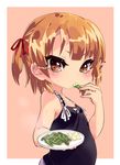  asparagus bad_id bad_pixiv_id belly brown_eyes brown_hair eating food food_on_face hair_ribbon mano_(shampoohatter) marui_mitsuba mitsudomoe plate ribbon short_twintails solo twintails 