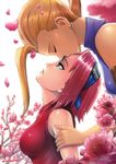  arm_holding blonde_hair blush closed_eyes earrings ecchi-mia fishnets flower forehead_kiss forehead_protector green_eyes haruno_sakura headband height_difference jewelry kiss multiple_girls naruto naruto_(series) parted_lips petals pink_hair ponytail profile shiny short_hair yamanaka_ino yuri 