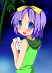  bamboo hiiragi_tsukasa lucky_star minami_(colorful_palette) night night_sky purple_hair sky solo tanabata tanzaku translated 