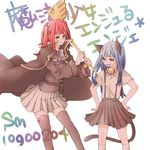  2girls animal_ears belt black_legwear blue_eyes blue_hair cape cat_ears company_connection cosplay creator_connection crossover frederica_bernkastel furude_rika furude_rika_(cosplay) hair_bobbles hair_ornament higurashi_no_naku_koro_ni long_hair multiple_girls pleated_skirt purple_eyes red_hair ribbon skirt staff tail thighhighs translated twintails umineko_no_naku_koro_ni ushiromiya_ange zettai_ryouiki 