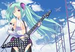 aircraft airplane aqua_hair belt breasts bridal_gauntlets cloud day elbow_gloves fingerless_gloves gloves guitar hatsune_miku hatsune_miku_(append) highres instrument iroha_(unyun) long_hair medium_breasts necktie one_eye_closed red_eyes sky solo sweat twintails very_long_hair vocaloid vocaloid_append 
