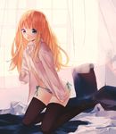  bad_id bad_pixiv_id bed black_legwear curtains face kneeling long_hair multicolored multicolored_eyes noco_(adamas) orange_hair original panties pillow shirt side-tie_panties solo striped striped_panties thighhighs underwear window 