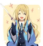  closed_eyes hamayumiba_sou happy k-on! kotobuki_tsumugi long_hair parody solo sword weapon working!! 