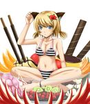  animal_ears bad_id bad_pixiv_id barefoot bikini blonde_hair blue_eyes cat_ears chiko_(kanhogo) dessert food fruit in_food indian_style kiwifruit legs minigirl original pocky pudding short_hair sitting solo strawberry striped striped_bikini striped_swimsuit swimsuit twintails 