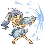  :d barefoot blue_hair blush_stickers bow dress fang full_body gen_2_pokemon hair_bow hair_ornament hair_ribbon hairclip hitec holster moemon open_mouth personification pokemon pokemon_(creature) ponytail remoraid ribbon simple_background smile standing water white_background 