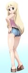  ass bare_shoulders blonde_hair blue_eyes cutoffs denim denim_shorts eyebrows from_behind hand_on_hip k-on! kneepits kotobuki_tsumugi legs long_hair looking_back platform_footwear sandals short_shorts shorts simple_background solo ueyama_michirou 