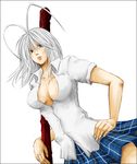  ahoge antenna_hair breasts cleavage grey_eyes large_breasts mikaneco natsume_maya plaid school_uniform silver_hair skirt solo tenjou_tenge 