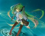  aqua_hair closed_eyes detached_sleeves green_hair hatsune_miku headphones headset itonoko long_hair necktie night skirt smile solo star thighhighs twintails very_long_hair vocaloid water zettai_ryouiki 