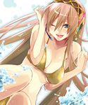  aqua_eyes bikini blush breasts eretto headphones headset large_breasts long_hair megurine_luka one_eye_closed pink_hair smile solo swimsuit vocaloid 