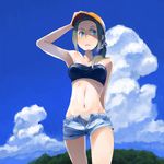  bandeau bare_shoulders cloud day denim denim_shorts green_eyes green_hair hat long_hair midriff morihito navel open_fly original panties short_shorts shorts side_ponytail sky solo strapless tubetop underwear unzipped water 