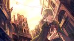  blonde_hair book cape cityscape glasses highres male_focus minami_seira original overalls red_eyes ribbon solo 