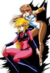  80s blonde_hair blush bodysuit boots brown_hair creator_connection crossover dangaiou iczer-1 iczer_(series) knee_boots legs leotard long_hair mia_alice multiple_girls oldschool pantyhose pink_bodysuit rx92 tatakae!!_iczer-1 