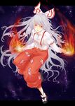  bad_id bad_pixiv_id bow colored_eyelashes eyelashes fire fujiwara_no_mokou highres long_hair pants red_eyes shoes silver_hair slit_pupils solo suspenders touhou yutsumoe 