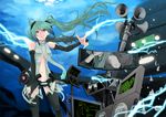  aqua_eyes aqua_hair belt bridal_gauntlets elbow_gloves fingerless_gloves gloves hatsune_miku hatsune_miku_(append) highres long_hair megaphone navel necktie satoru_nananka smile solo twintails very_long_hair vocaloid vocaloid_append 