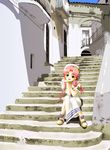  aria building chin_rest hair_tubes mizunashi_akari pink_hair shoes short_sleeves sidelocks sitting sitting_on_stairs smile solo soshina_nohito stairs window 