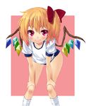  alternate_costume blonde_hair buruma flandre_scarlet gym_uniform hands_on_own_knees hat leaning_forward mamedenkyuu_(berun) ponytail red_eyes short_hair side_ponytail simple_background smile solo touhou wings 