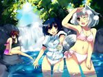  animal_ears armpits barefoot bikini bikini_under_clothes black_hair breasts brown_hair cleavage highres himekaidou_hatate hips inubashiri_momiji medium_breasts multiple_girls navel one_eye_closed red_eyes sawamura_hikaru shameimaru_aya short_hair side-tie_bikini silver_hair sitting soaking_feet swimsuit swimsuit_under_clothes tail touhou twintails wading wallpaper water waterfall wide_hips wolf_ears wolf_tail 