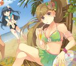  9room bad_id bad_pixiv_id ball beach bikini blue_eyes blue_hair breasts brown_hair cleavage crossed_legs day drinking hair_ornament halterneck leaf legs long_hair medium_breasts multiple_girls ocean open_mouth original sitting skirt smile swimsuit volleyball wristband yellow_eyes 