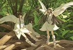  arms_up bangs bare_shoulders barefoot blunt_bangs brown_hair closed_eyes detached_sleeves fairy japanese_clothes long_hair minigirl multiple_girls nature original outdoors ponytail sandals short_hair sitting smile standing tanjiu wings 