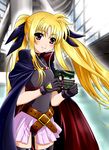  belt blonde_hair cape cd diesel-turbo earbuds earphones fate_testarossa gloves hair_ribbon long_hair lyrical_nanoha mahou_shoujo_lyrical_nanoha mahou_shoujo_lyrical_nanoha_the_movie_1st mizuki_nana red_eyes ribbon seiyuu_connection solo thighhighs twintails 