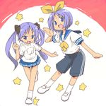  blue_eyes blue_hair gym_uniform hiiragi_kagami hiiragi_tsukasa long_hair lucky_star multiple_girls nemuro_nao ryouou_school_uniform school_uniform serafuku siblings sisters twins twintails yellow_neckwear 