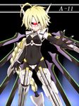  ahoge armor blazblue blonde_hair braid character_name hair_weapon lambda-11 long_hair mecha_musume navel ponytail ry solo sword weapon 