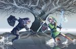  battle blonde_hair blue_eyes dark_link duel eric_proctor gloves hat holding holding_sword holding_weapon left-handed link long_hair male_focus master_sword multiple_boys navi pointy_ears red_eyes shield sword the_legend_of_zelda the_legend_of_zelda:_ocarina_of_time tree water weapon 