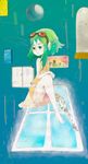  7mm bad_id bad_pixiv_id bare_shoulders city commentary fish goggles goggles_on_head green_eyes green_hair gumi headphones highres shirt short_hair short_hair_with_long_locks sidelocks single_sock sitting skirt sleeveless sleeveless_shirt socks solo vocaloid 