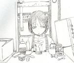  bags_under_eyes box cup drink drinking graphite_(medium) greyscale monochrome original shimimaru short_hair sketch solo suspenders tired traditional_media 