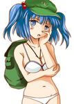  backpack bad_id bad_pixiv_id bag between_breasts bikini blue_eyes blue_hair breast_lift breasts crossed_arms hair_bobbles hair_ornament hand_on_own_face hat jewelry kawashiro_nitori key long_hair medium_breasts navel necklace shima_(pixiv) solo swimsuit touhou twintails two_side_up 