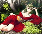  breasts cleavage green_hair hand_on_hip horns japanese_clothes kawazu kimono large_breasts leaf long_hair lying mountain_god red red_eyes sengoku_youko smile solo tree 
