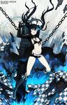  belt bikini_top black_hair black_rock_shooter black_rock_shooter_(character) blue_eyes boots burning_eye chain front-tie_top gloves glowing glowing_eye high_heels highres long_hair navel penguin_caee shoes short_shorts shorts solo twintails 