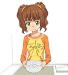  a1 brown_hair green_eyes idolmaster idolmaster_(classic) knife raglan_sleeves solo takatsuki_yayoi twintails 