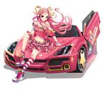  bare_shoulders car digital_media_player easy_(easycrew) ground_vehicle hair_ribbon headphones highres itasha lee_byung_hee lucia_(pangya) midriff motor_vehicle navel official_art on_vehicle pangya pink_hair red_eyes ribbon scissor_doors sitting socks solo striped striped_legwear 