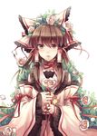  alternate_color bow brown_eyes brown_hair choker detached_sleeves flower hair_bow hakurei_reimu holding large_bow long_hair rella ribbon ribbon_choker solo touhou white_sleeves 