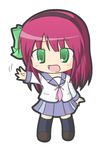  angel_beats! bow chibi green_eyes hair_bow long_hair open_mouth purple_hair rinechun school_uniform serafuku solo thighhighs waving yuri_(angel_beats!) 