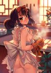  apron ass blush breasts brown_eyes brown_hair chinese_food cooking flower glasses gloves hair_bun highres kitchen koihime_musou mittens monocle naked_apron nipples plant ribbon ryomou shin_koihime_musou shirane_taito small_breasts solo sunlight window 