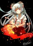  atoki black_background bow commentary_request eyebrows_visible_through_hair fire fujiwara_no_mokou grey_hair hair_bow hair_ribbon highres long_hair looking_at_viewer red_eyes ribbon shirt simple_background solo suspenders torn_clothes touhou twitter_username white_shirt 