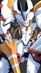  absurdres breasts closed_mouth darling_in_the_franxx frown grey_background highres holding holding_weapon horn humanoid_robot lance legs_apart lips looking_at_viewer mecha medium_breasts orange_eyes park_bandi pink_lips polearm robot simple_background solo spear standing strelizia weapon 