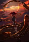  androgynous azuzatori crying crying_with_eyes_open gem_uniform_(houseki_no_kuni) highres houseki_no_kuni looking_at_viewer mercury red_eyes red_hair scenery shinsha_(houseki_no_kuni) short_hair solo sunset tears twilight water 